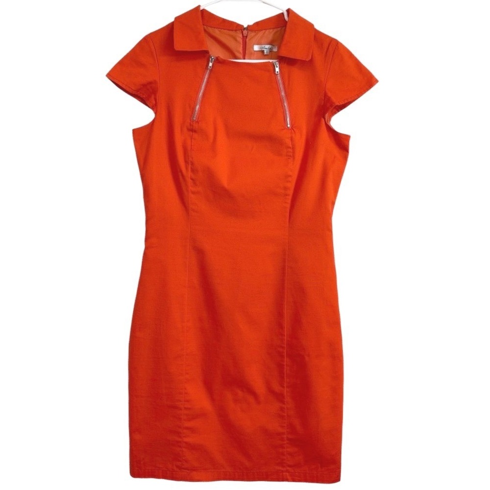 Amelia Orange Cotton Sheath Dress Short Sleeve Zip Detail Size 8